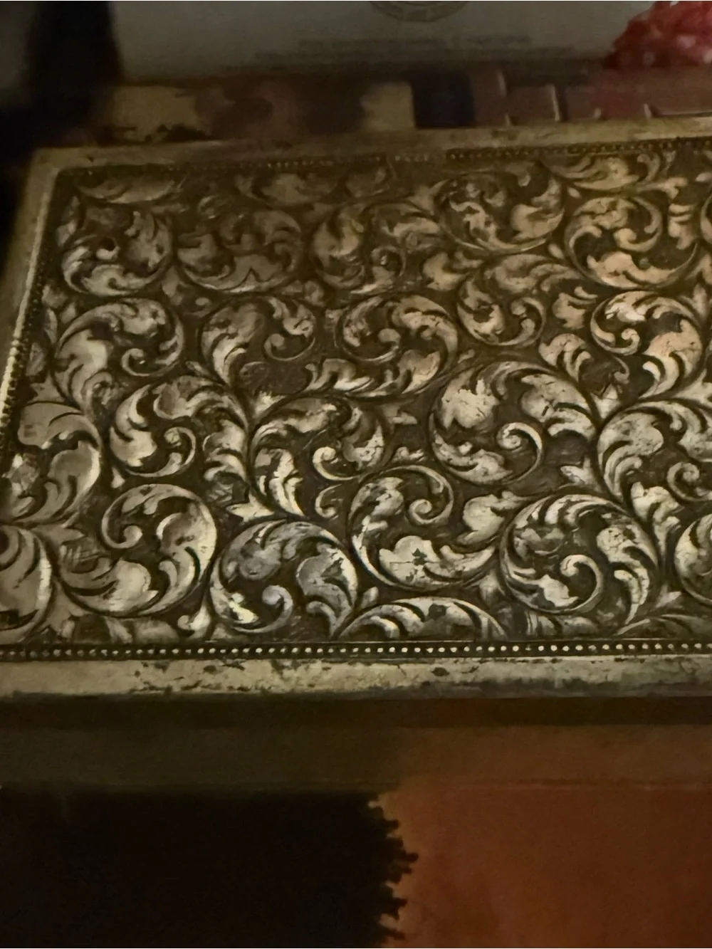 Vintage Gold-Tone Metal Trinket Box Ornate Floral Scrollwork